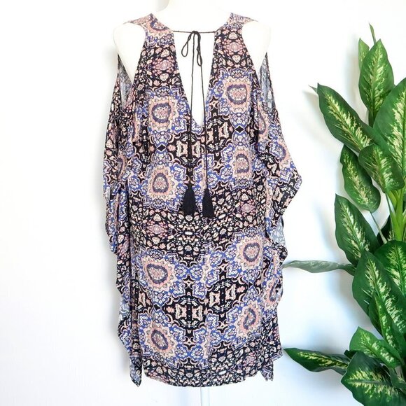 ASTR Blue Black Print Cold Shoulder Handkerchief Shift Mini Dress Tunic Coverup - Picture 5 of 13